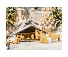 Weihnachtsmarkt-Krippe mit Figuren in Holzoptik